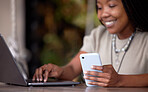 Black woman, phone and laptop at cafe for communication, social media or chatting in remote work. Hands of happy African American female freelancer with smile working on computer and smartphone