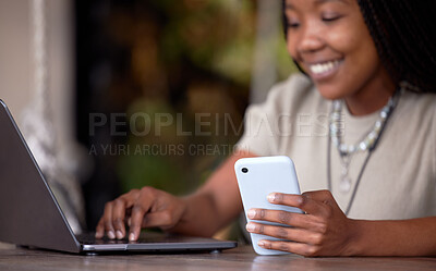 Buy stock photo Black woman, phone and laptop at cafe for communication, social media or chatting in remote work. Hands of happy African American female freelancer with smile working on computer and smartphone