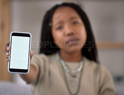 Buy stock photo Hands, phone screen and mockup with black woman in home for marketing, advertising or promotion. Tech branding, portrait and female with mobile smartphone for copy space or product placement in house