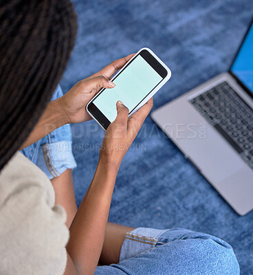 Buy stock photo Hands typing, phone screen and mockup in home for marketing, advertising or promotion. Tech, branding and female or black woman with mobile smartphone for copy space or product placement in house.