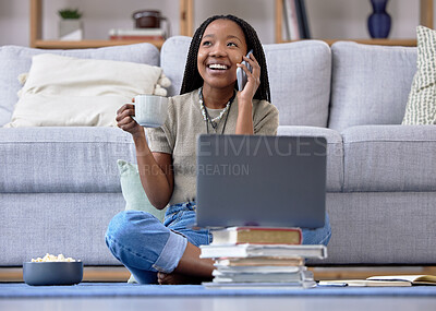 Buy stock photo Coffee, student and phone call for girl studying on laptop, happy and relax while talking in her home. Tea, books and distance learning, remote or homeschool for teenage female with online homework