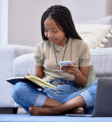 Buy stock photo Student, notebook and black woman on floor, smartphone and education in living room, relax and connection. African American female, academic and girl on ground, device for email and writing details