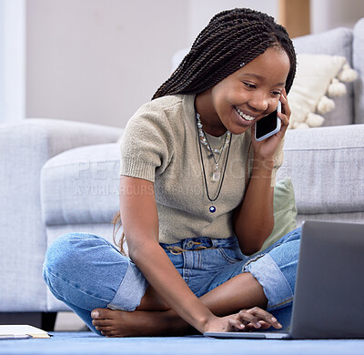 Buy stock photo Happy, student and phone call by girl on laptop for study, smile and relax while talking in her home. Internet, search or distance learning, remote or homeschool for teen female with online homework