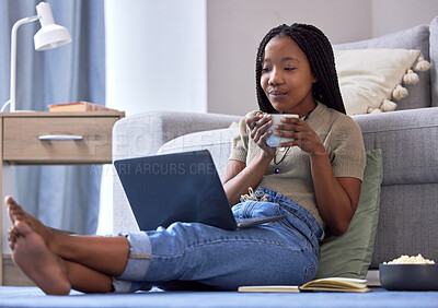 Buy stock photo Happy, black woman on floor and laptop to relax, smile and peace in living room, connection and streaming. African American female, lady and device for movies, funny videos and happiness in lounge
