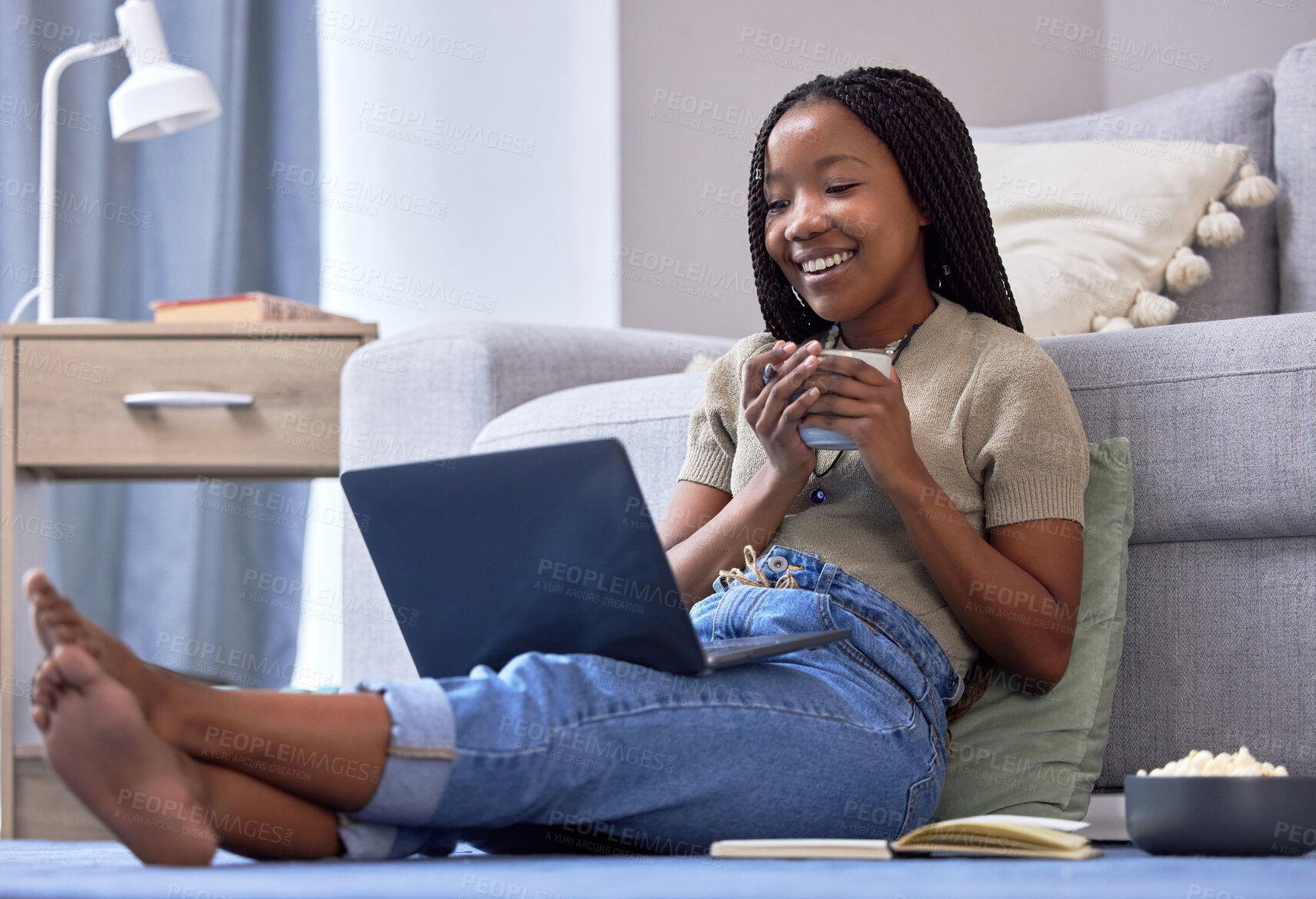 Buy stock photo Relax, black woman on floor and laptop for break, streaming movies, happiness and rest. African American female, girl and device in lounge, online reading or search website for funny videos on ground