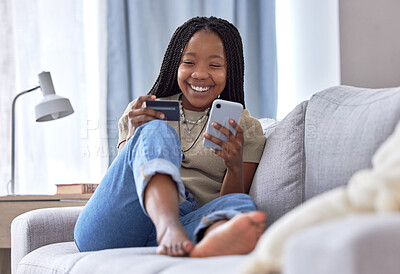 Buy stock photo Online shopping, credit card and black woman with phone on sofa for financial banking, ecommerce and fintech. Happy customer in house for mobile finance, digital money and fast food delivery payment