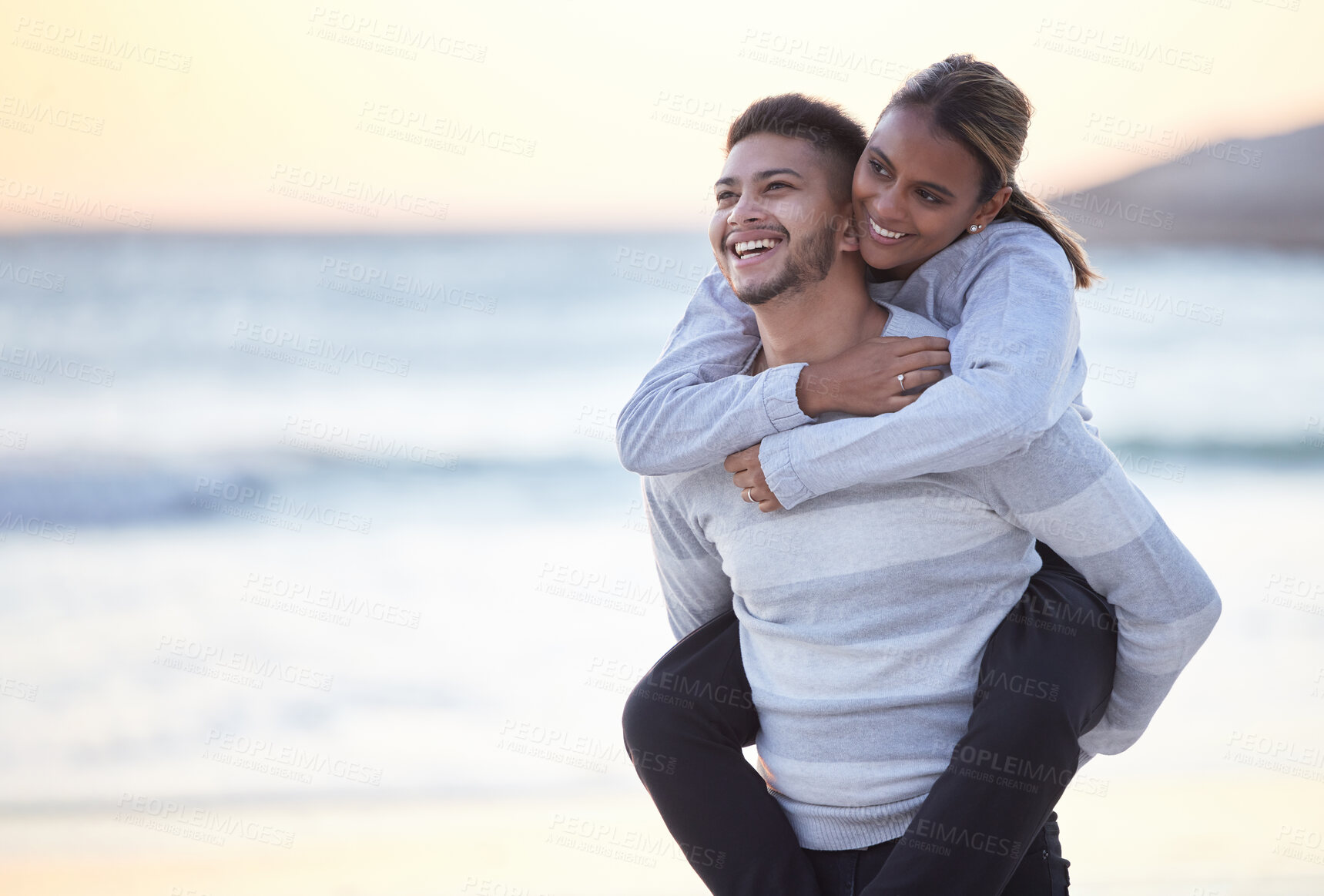 Buy stock photo Love, relax and beach with couple and piggy back for support, bonding and affectionate. Summer break, travel and happiness with man and carrying woman for wellness, quality time and vacation trip