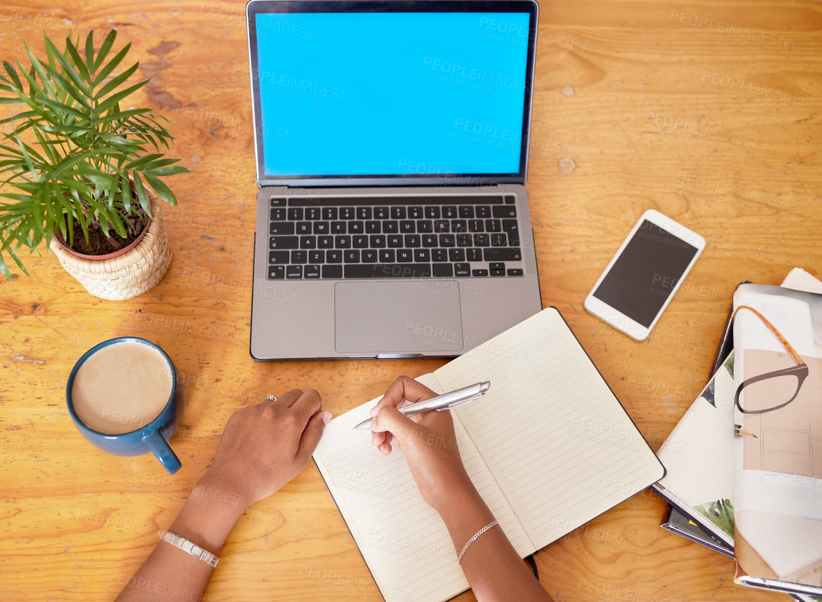 Buy stock photo Top view, mockup and laptop with green screen, hands and planning for project, deadline and journal. Female, employee and device with communication, writing and notes for idea, branding and notebook