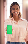 Phone green screen, portrait and woman with mobile app, cellphone mockup and space product placement. Smartphone of gen z indian person or student mock up for social media, communication or ux design