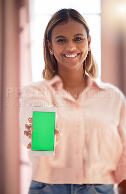 Buy stock photo Phone green screen, portrait and woman with mobile app, cellphone mockup and space product placement. Smartphone of gen z indian person or student mock up for social media, communication or ux design