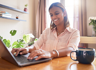 Buy stock photo Laptop, typing and black woman or student with online course, e learning and education at home office desk. Happy indian young indian person working on computer for research, planning and opportunity