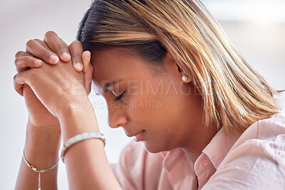Buy stock photo Tired, depression and a woman praying about a problem, hope for help and grief. Fatigue, anxiety and sad girl with a prayer, sleeping and stress from a breakup, relationship and unemployment