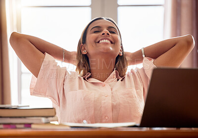 Buy stock photo Relax, student and woman with eyes closed in home after studying and finishing research project. Resting, education scholarship or smile of happy and calm female after complete learning task in house