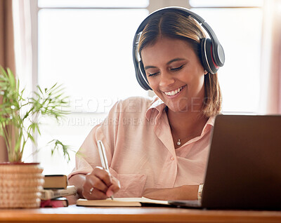 Buy stock photo Woman, student with laptop and headphone, writing notes in notebook, education and study elearning course. Mexican female smile, internet and technology, online class with webinar and studying