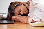 Sleeping, employee and business woman burnout, tired and fatigue while working on laptop in office. Sleep, girl and corporate employee workaholic struggling with workload, problem and pressure