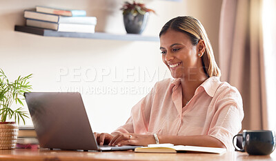 Buy stock photo Computer, planning and black woman or student online course, e learning or education research at home. Young indian person working and typing on laptop for digital scholarship application or email