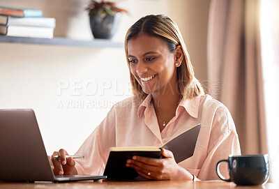 Buy stock photo Laptop, planning and black woman or student online course, e learning or education at home research notes. Young Indian person with notebook, on computer typing and working on scholarship application