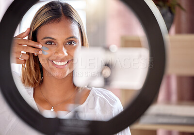 Buy stock photo Black woman, makeup influencer and streaming tutorial with portrait, smile and beauty on social media app. Gen z girl, digital cosmetics expert and online self care education for face product on web