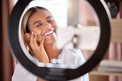 Buy stock photo Beauty, influencer and woman with ring light smile for makeup, cosmetics and fashion vlogging. Content creator, social media and face of happy girl record, live streaming or filming tutorial on phone