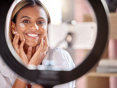 Buy stock photo Black woman influencer, skincare cream and streaming tutorial for portrait, smile and beauty on social media. Gen z girl, digital cosmetic expert or online makeup education for face product on web