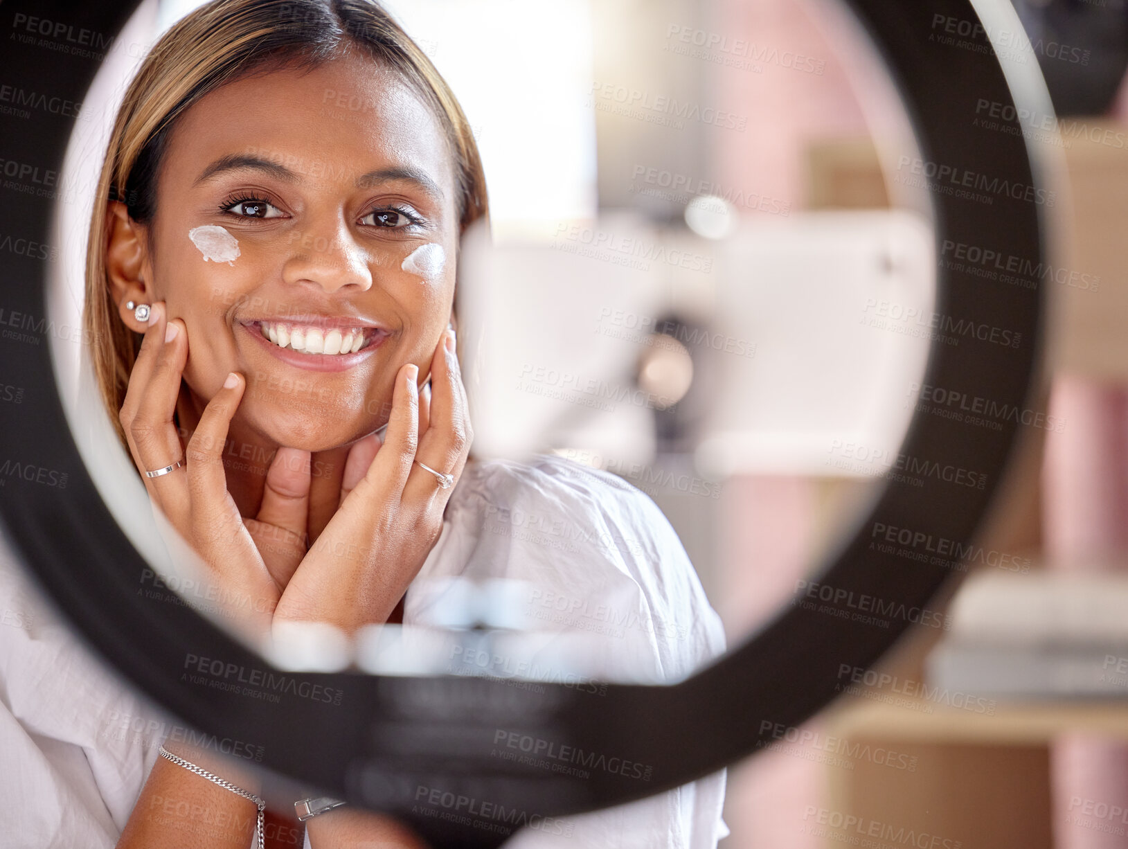 Buy stock photo Black woman influencer, skincare cream and streaming tutorial for portrait, smile and beauty on social media. Gen z girl, digital cosmetic expert or online makeup education for face product on web