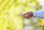 Nature, religion and muslim woman with praying hands in a park for islamic worship or praise. Spiritual, hope and islam female with open palms for prayer in a garden or backyard with trees bokeh.