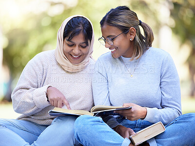 Buy stock photo Study friends, park reading and outdoor woman students with university textbook and books. College female, girl friend and muslim young person learn on a outdoor campus with a smile from studying