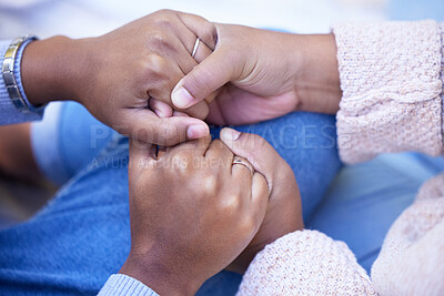 Buy stock photo Holding hands, friends and close up for black woman with support, care and solidarity at outdoor park. Women, trust and helping hand for consultation, conversation and listen for problem with love