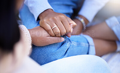 Buy stock photo Holding hands, friends and closeup for black woman with trust, care and solidarity for grief. Women, support and helping hand for consultation, conversation and listening to cancer problem with love
