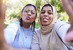 Woman, muslim and friends selfie with funny face in park, nature and happiness for bonding on social media app. Happy women, profile picture and comic portrait in woods, outdoor and support together