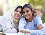 Muslim women, portrait or hug in park, garden or school campus for relax bonding, friends picnic or community support. Smile, happy or Islamic students in embrace, fashion hijab or university college