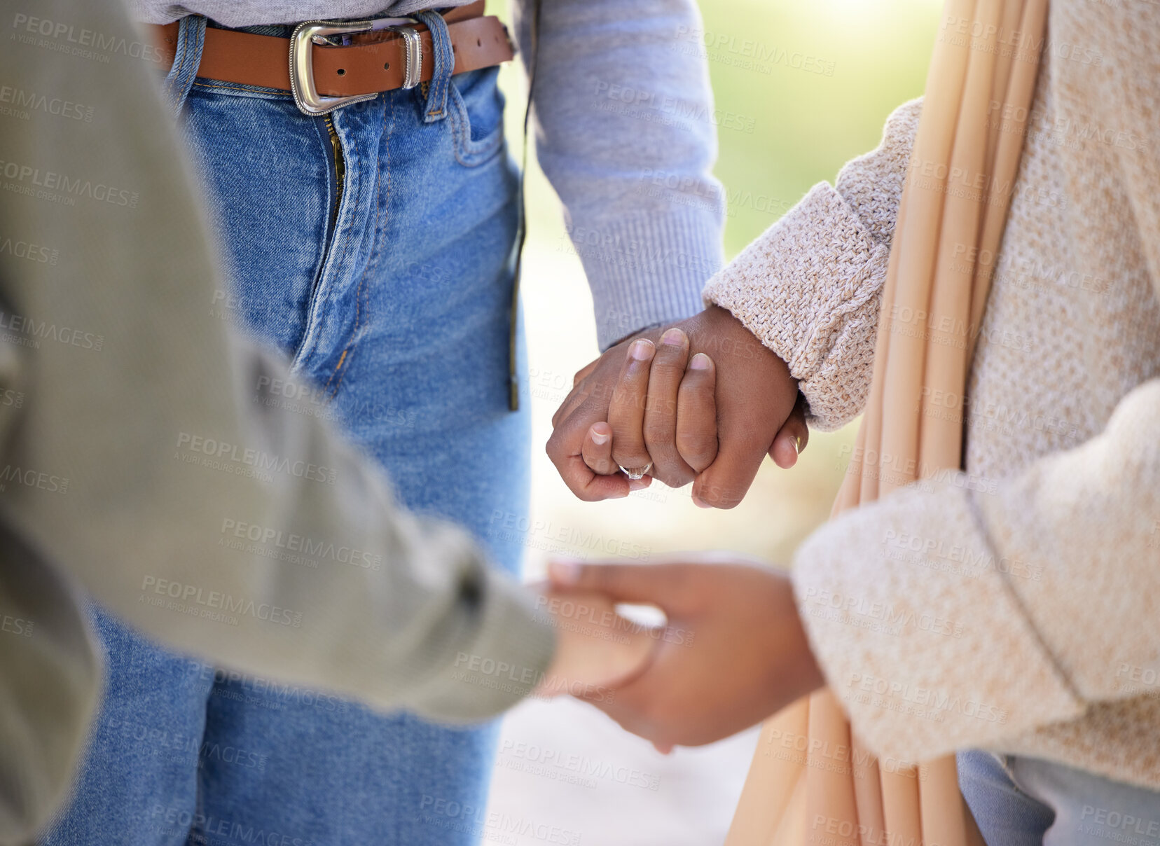 Buy stock photo Holding hands, praying group or support with worship, comfort and empathy, people together in prayer. Gratitude, kindness and God with faith, religion and solidarity, community with women and trust