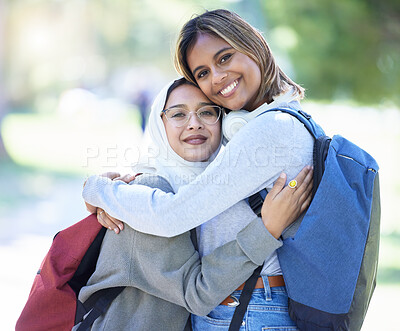 Buy stock photo Islamic women, portrait or hug in park, garden or school campus for bonding, friends acceptance or community support. Smile, happy or Muslim students in embrace, fashion hijab or university college