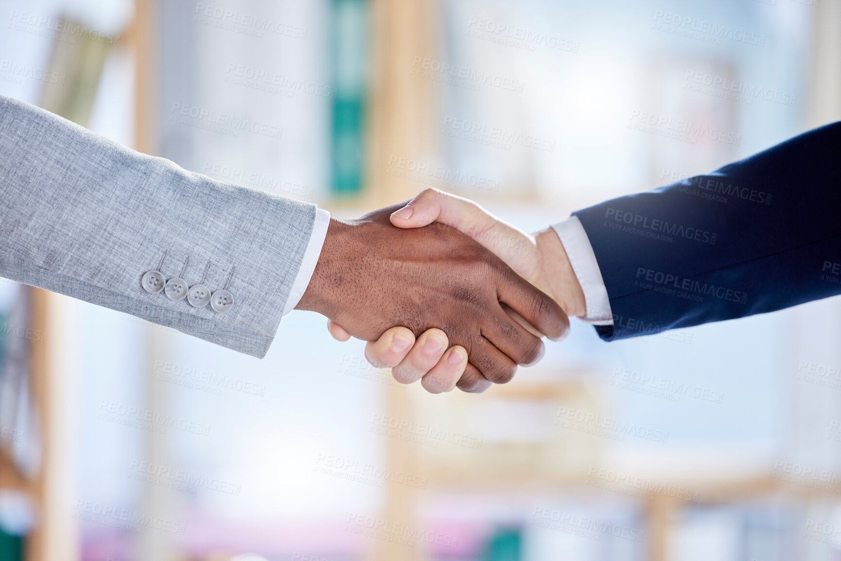 Buy stock photo Handshake, partnership and hands of business people in office for recruitment, onboarding and welcome. Teamwork, collaboration and businessmen shaking hand for work success, thank you and agreement