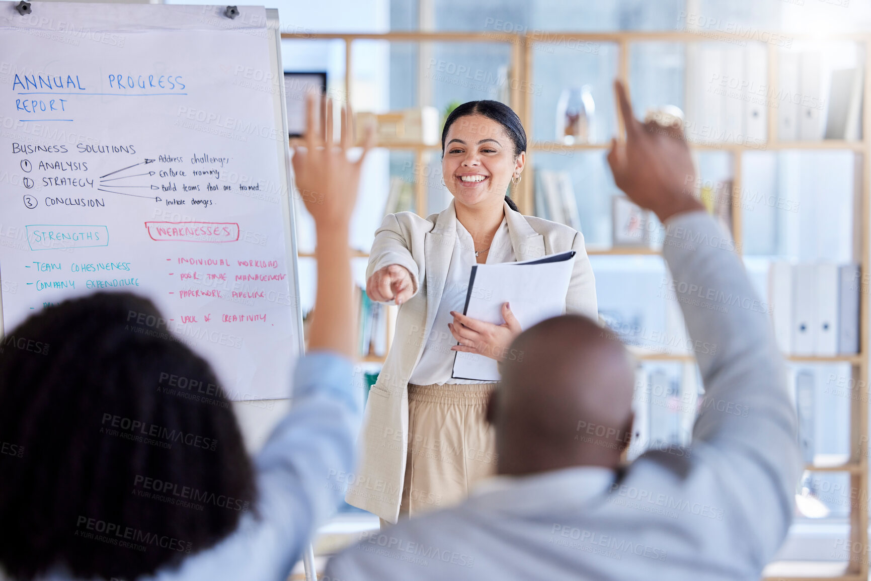 Buy stock photo Business woman, leadership and coaching with question in meeting for planning, team strategy or ideas at the office. Female leader or coach in presentation training staff for teamwork engagement