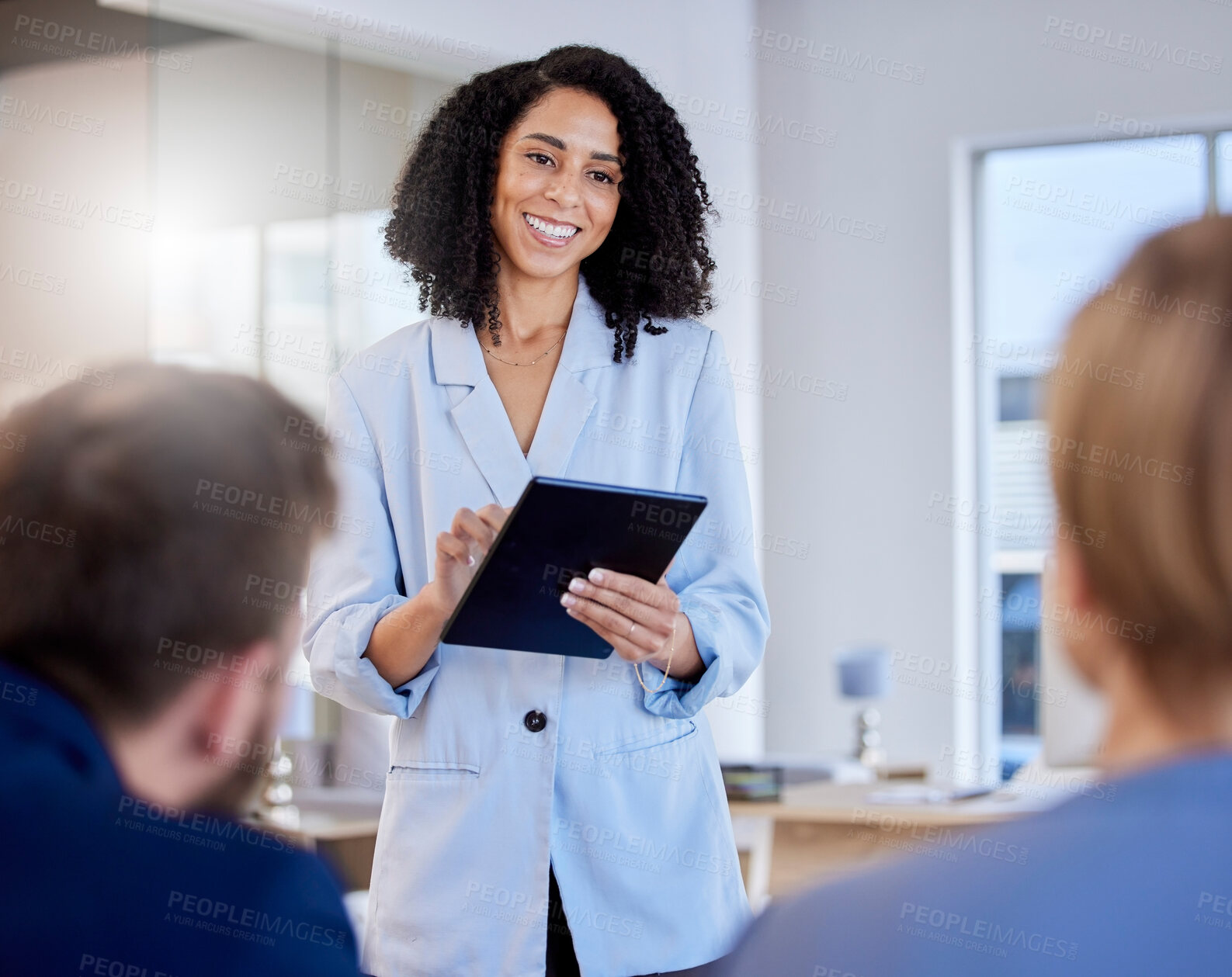 Buy stock photo Black woman, tablet and smile in leadership for meeting, planning or team schedule at the office. Happy African American leader smiling with touchscreen for marketing strategy, ideas or collaboration