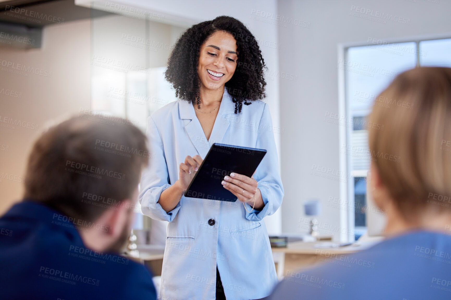 Buy stock photo Black woman, tablet and smile in leadership for meeting, planning or digital marketing team at the office. Happy African American leader smiling with touchscreen for strategy, ideas or collaboration