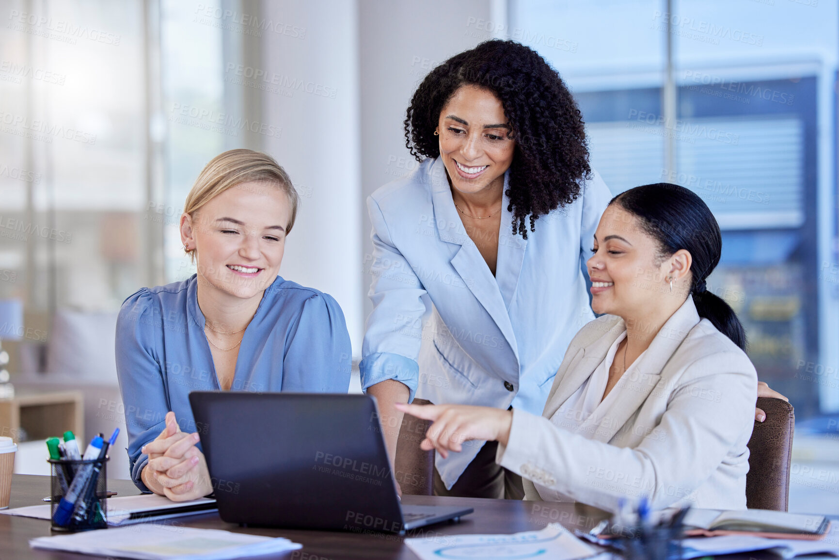 Buy stock photo Business women, laptop and meeting in planning for digital marketing, strategy or schedule ideas at office desk. Happy group of woman employees discussing team idea on computer for project plan