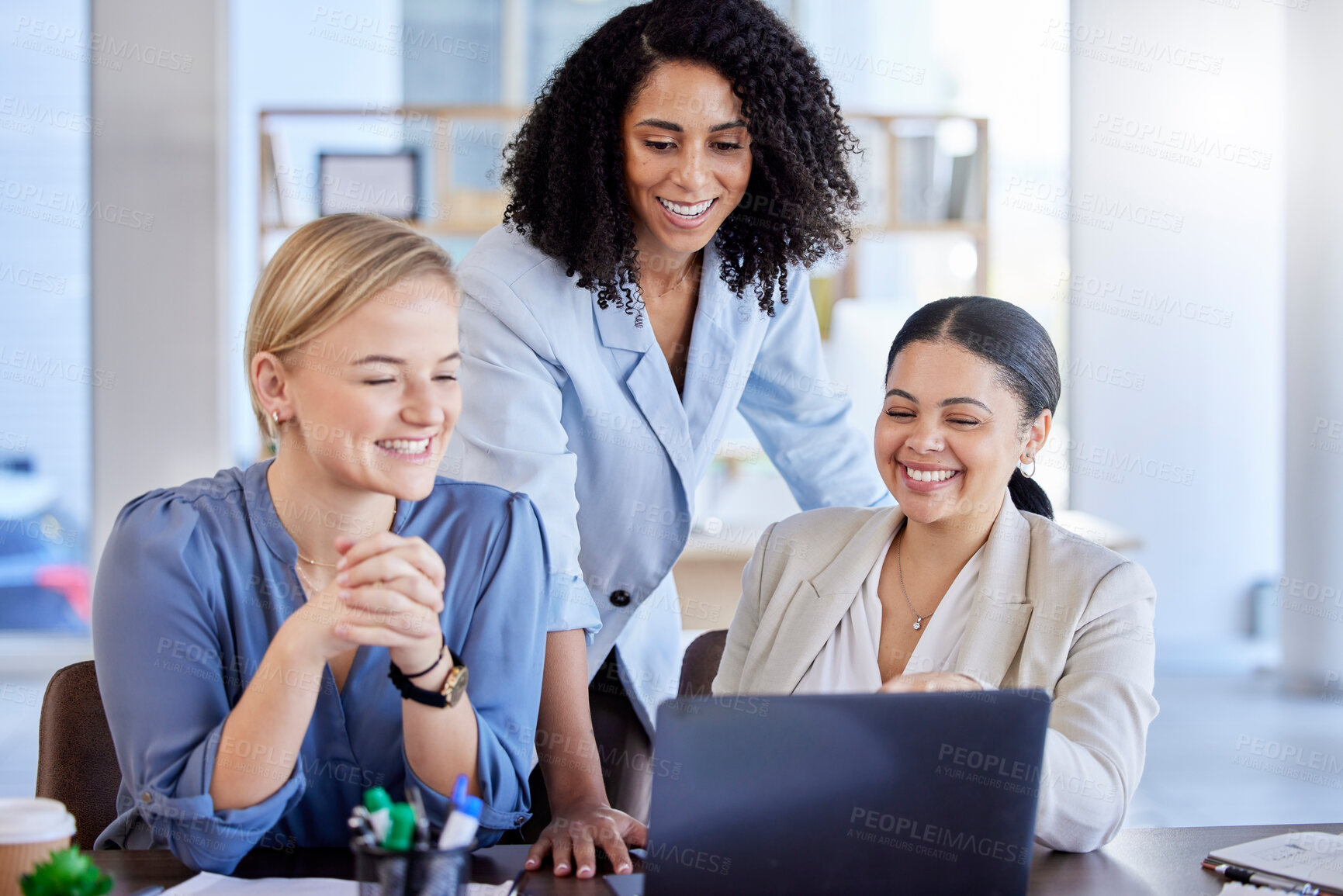 Buy stock photo Business women, laptop and meeting in planning for digital marketing, strategy or schedule at office desk. Happy group of woman employees smiling in team collaboration on computer for project plan