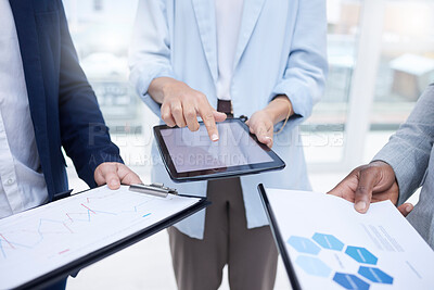 Buy stock photo Business people, hands and tablet mockup in analytics, digital marketing or corporate data statistics. Hand of group in team market strategy with touchscreen, company app and documents for analysis