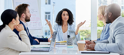 Buy stock photo Black woman, leadership and business people in meeting for planning, team strategy or ideas at the office. African American female leader discussing project plan or question for teamwork engagement