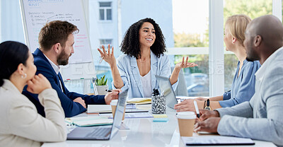 Buy stock photo Black woman, leadership and business people in meeting, strategy or sharing planning idea at office. Happy African American female leader discussing project plan in teamwork collaboration at workshop