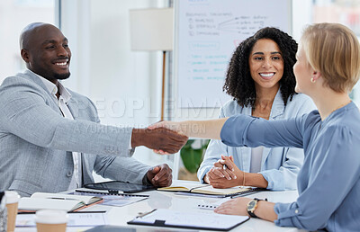 Buy stock photo Handshake, meeting and happy business people in office for recruitment, onboarding and welcome. Teamwork, collaboration and corporate workers shaking hand for deal success, thank you and agreement