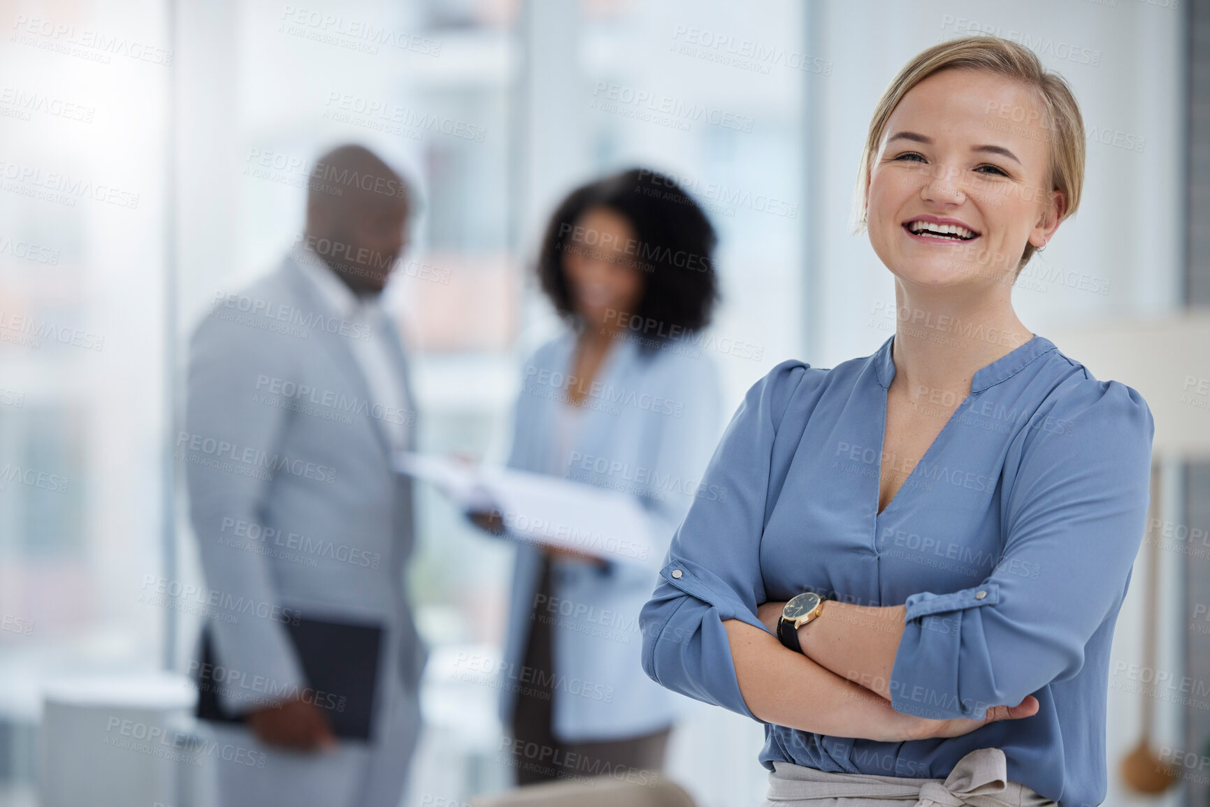 Buy stock photo Business woman, leadership and portrait smile with arms crossed in corporate management at office. Happy confident and friendly female leader, manager or CEO smiling for career success at workplace