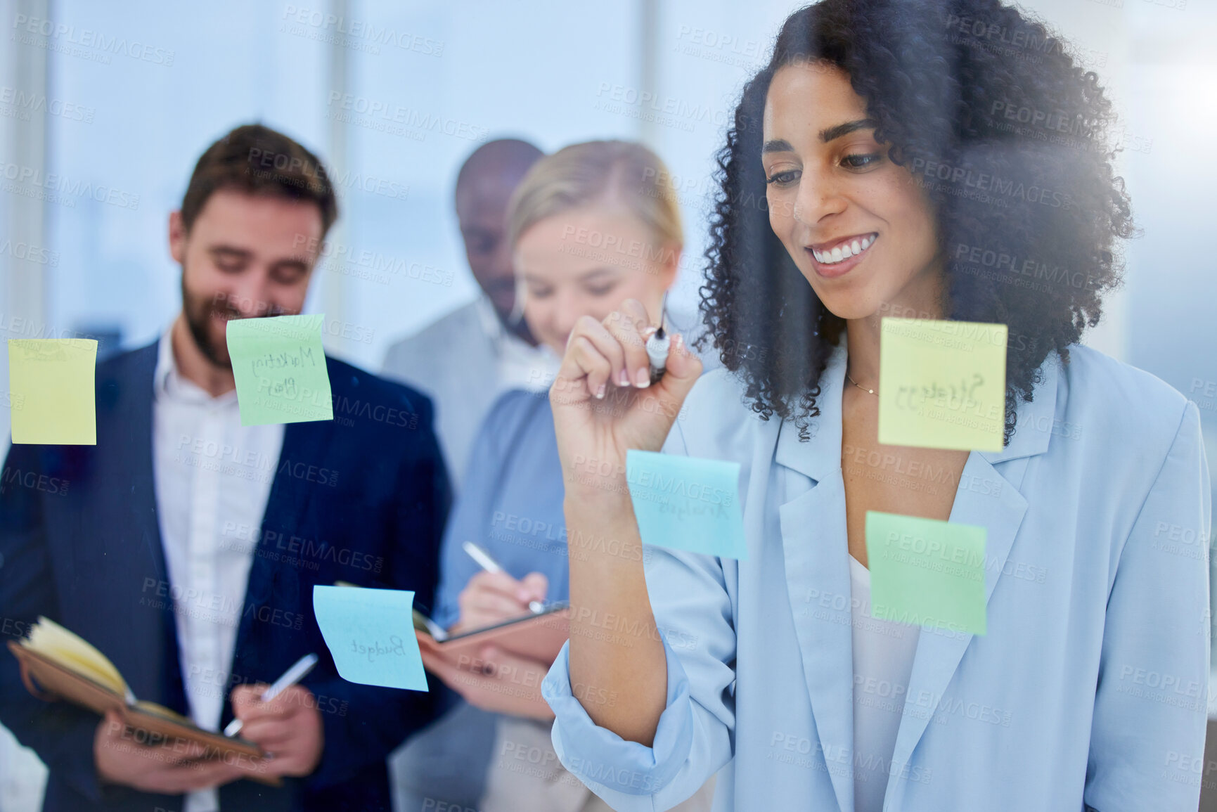 Buy stock photo Teamwork, brainstorming and business people in meeting with idea, sticky notes and planning in glass office. Collaboration, diversity and group of workers working on project, thinking and strategy