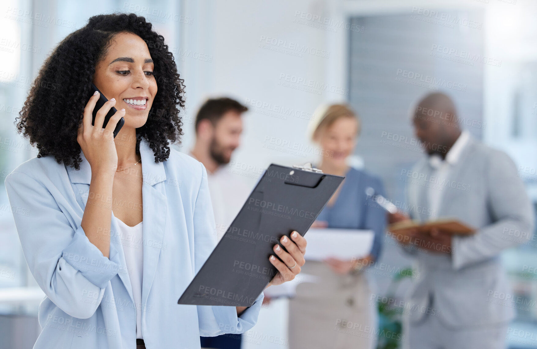 Buy stock photo Black woman, business smile and phone call with document, clipboard and information for proposal. Smile of entrepreneur person talking on smartphone for schedule, consultation or budget data report