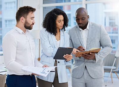 Buy stock photo Discussion, teamwork and business people with tablet, notebook and documents for office meeting. Collaboration, corporate diversity and group of workers working on project, planning and strategy