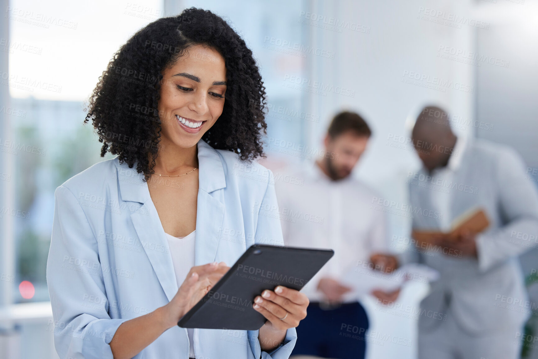 Buy stock photo Smile, search and tablet with black woman in office for networking, communication and social media. Technology, internet and digital with employee reading online for news, planning and email report