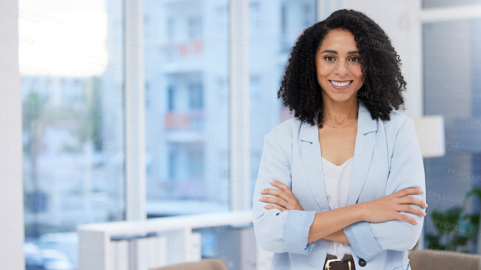 Buy stock photo Business woman, leadership and portrait smile with arms crossed in corporate management at the office. Happy confident African American female leader, manager or CEO smiling for career success