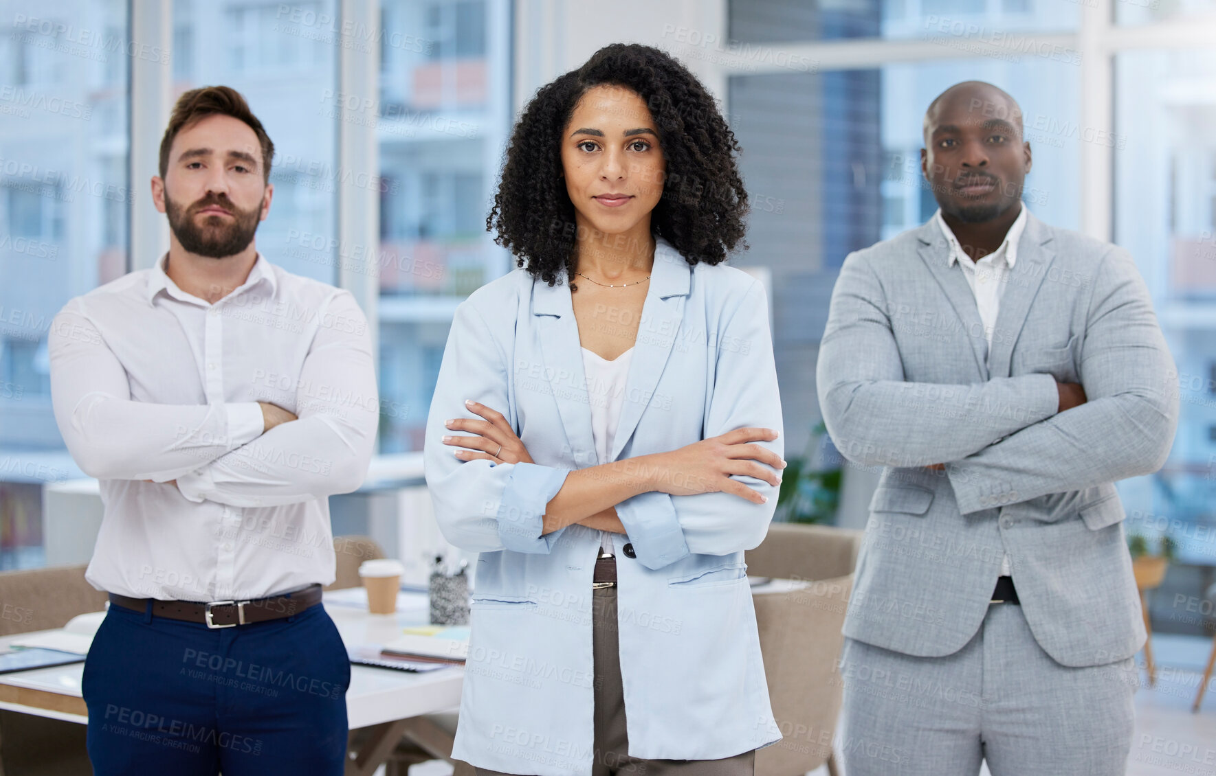 Buy stock photo Black woman, team leader and portrait of business people in office for serious corporate teamwork. Diversity men and person in leadership together for growth, development and management solidarity 